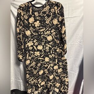 Who What Wear Black and Cream Floral Long Sleeve Dress with Faux Leather Trim